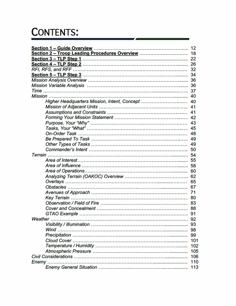 
                      
                        Table of contents from the OPORD Blue Book showing sections on Troop Leading Procedures, mission analysis, OAKOC terrain analysis, weather considerations, and enemy assessment for Army mission planning.
                      
                    