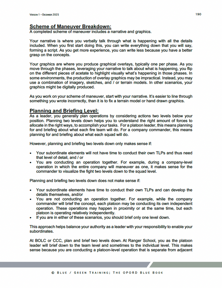 
                      
                        Instructional page from the OPORD Blue Book describing how to build a Scheme of Maneuver narrative and graphics, including planning two levels down and overlay production for platoon- and company-level operations.
                      
                    