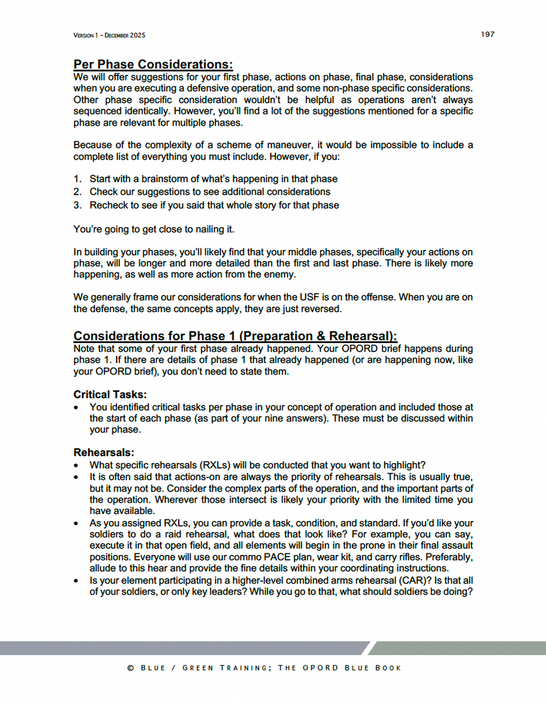 
                      
                        OPORD Blue Book page outlining per-phase considerations for a Scheme of Maneuver, including preparation, rehearsal, critical tasks, and detailed planning steps aligned with Army TLPs and OPORD execution.
                      
                    