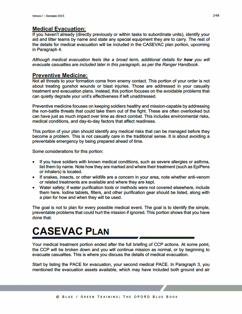 
                      
                        OPORD Blue Book page covering medical evacuation, preventive medicine, and CASEVAC planning, with guidance on PACE plans, unit readiness, and casualty evacuation considerations for OPORD Paragraph 4.
                      
                    