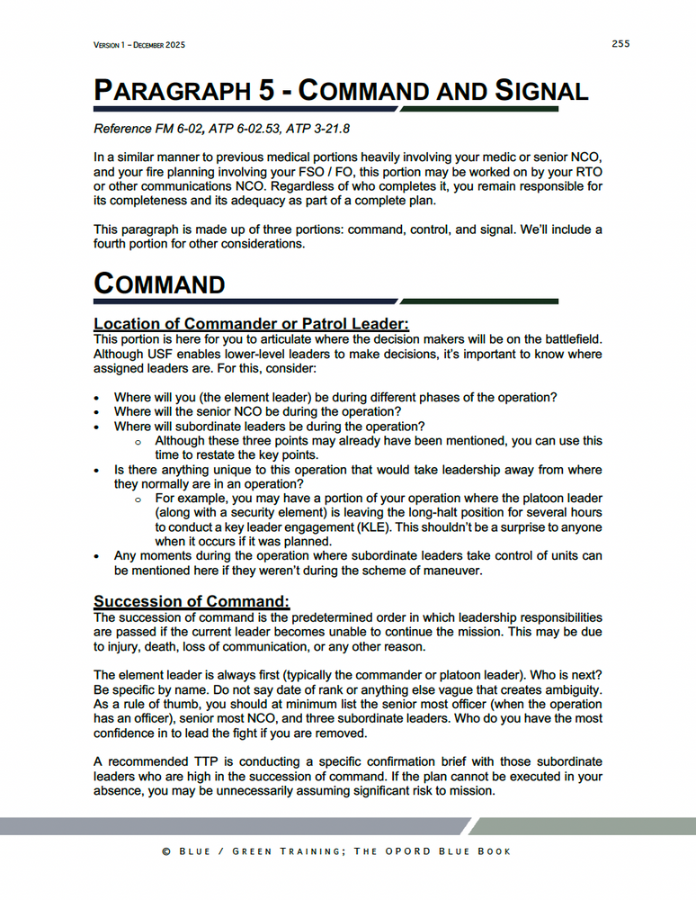 
                      
                        Sample page from the OPORD Blue Book explaining OPORD Paragraph 5—Command and Signal—including location of leadership, succession of command, and communications planning per FM 6-02 and ATP 3-21.8.
                      
                    
