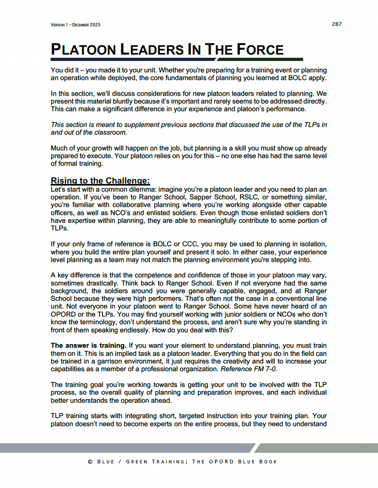 
                      
                        Instructional OPORD Blue Book page discussing practical planning expectations for new platoon leaders in the operational force, including TLP application, team integration, and leadership development after BOLC.
                      
                    