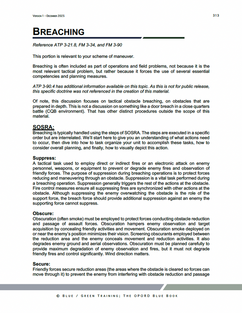 
                      
                        Sample page from the OPORD Blue Book explaining breaching fundamentals using SOSRA—Suppress, Obscure, Secure, Reduce, Assault, — for scheme of maneuver planning. SOSRA. Breaching. SOSRA Sketch. IBOLC. 
                      
                    