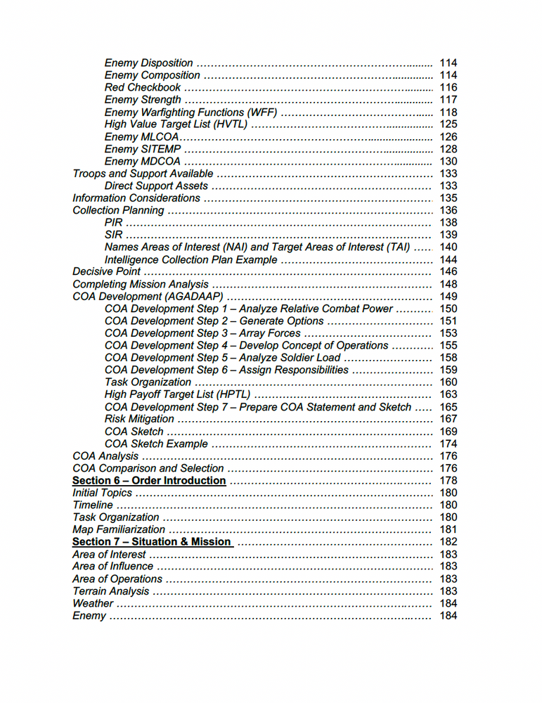 
                      
                        Table of contents page from the OPORD Blue Book outlining topics including enemy analysis, PIR, SIR, and COA Development. 
                      
                    