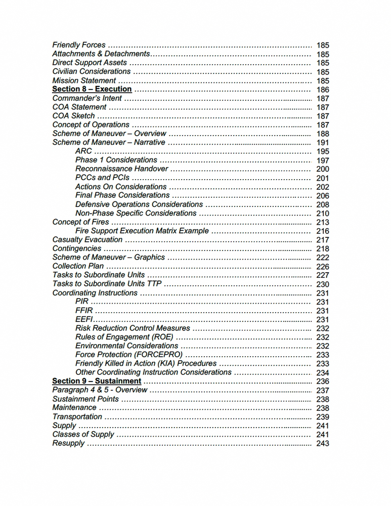 
                      
                        Table of contents page from the OPORD Blue Book listing sections on commander's intent, COA statement, COA sketch, scheme of maneuver, concept of fires, and coordinating instructions. 
                      
                    
