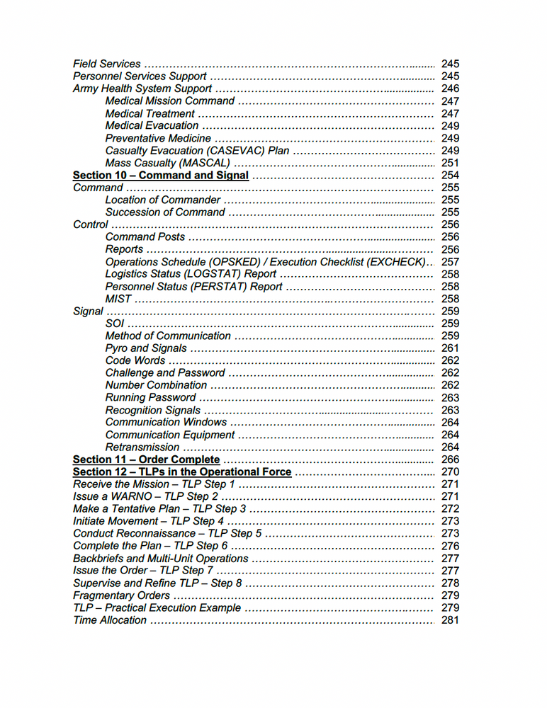 
                      
                        Table of contents page from the OPORD Blue Book detailing command and signal, TLPs in the operational force. 
                      
                    