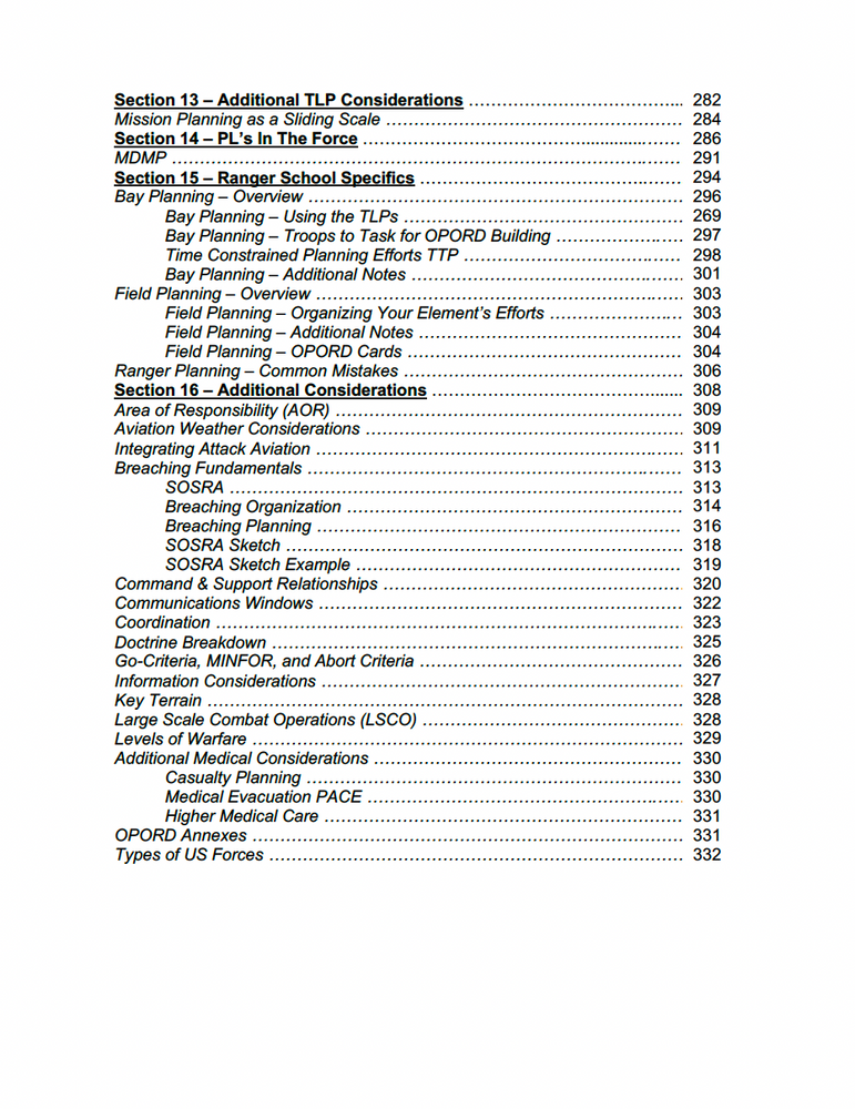 
                      
                        Table of contents page from the OPORD Blue Book covering TLP considerations, advice for new platoon leader's, Ranger School planning advice. 
                      
                    
