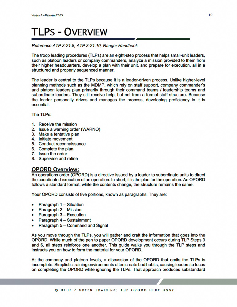 
                      
                        Sample page from the OPORD Blue Book explaining the eight Troop Leading Procedures and the structure of a five-paragraph OPORD for small-unit Army leaders.
                      
                    