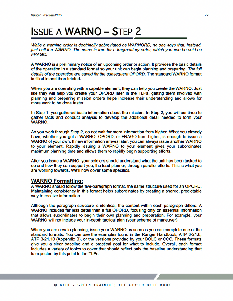 
                      
                        Sample page from the OPORD Blue Book detailing how to Issue a WARNO in TLP Step 2, including formatting guidance and practical considerations for mission preparation.
                      
                    